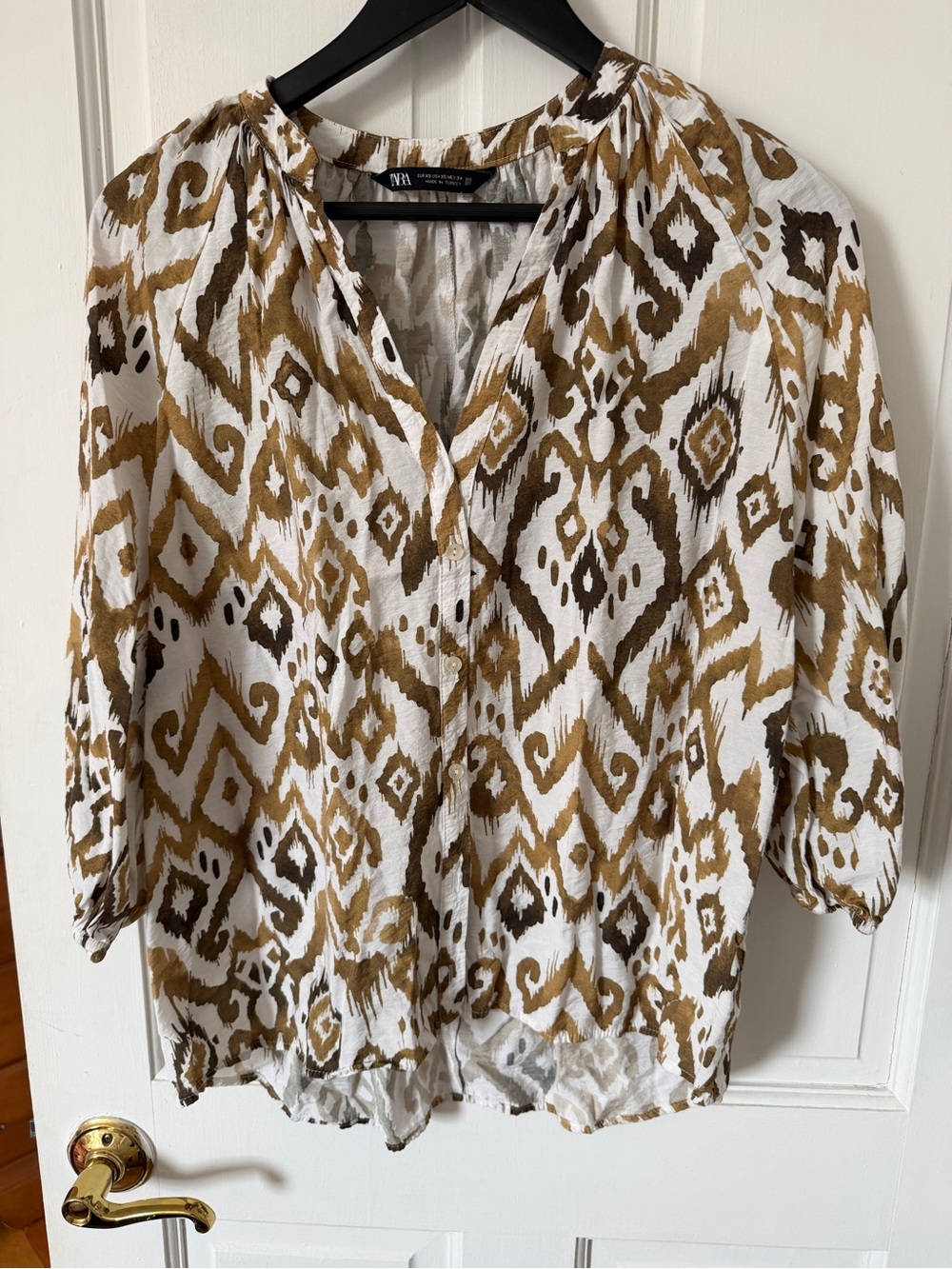 Zara White and Mustard Ikat-Print Peasant Blouse